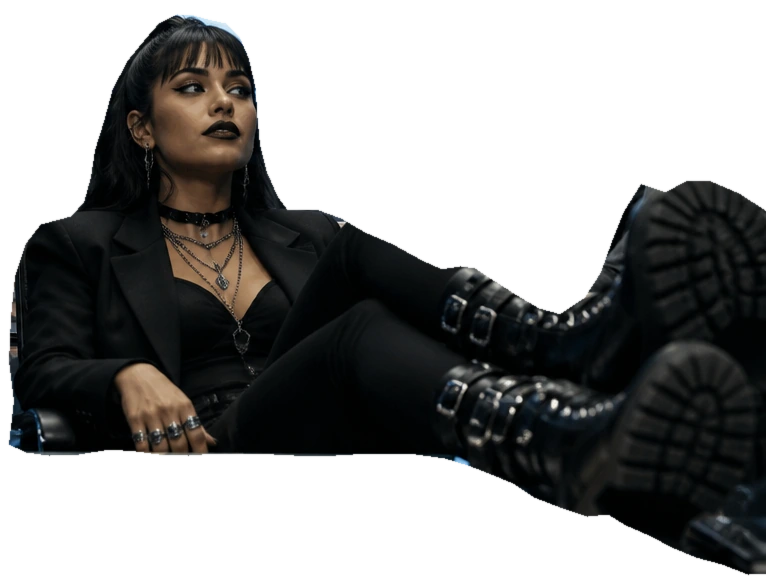 An unimpressed goth woman in black tailoring, a choker and silver rings, sitting with her massive buckled boots up on the boardroom table.