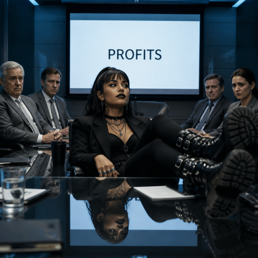 Verified artwork 778: the entire original blue boardroom photograph, with the goth woman, her boots on a glass table, four intimidated executives and the PROFITS presentation.